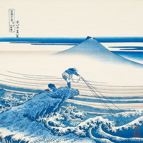 Sumidagawa Furoshiki 48cm Koshu Kajikazawa – Japanese wrapping cloth featuring Hokusai's woodblock print "Kajikazawa in Kai Province" from Thirty-six Views of Mount Fuji, with fishermen on rocks and Mount Fuji in the background, blue and white, made in Japan