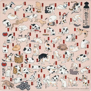Sumidagawa Furoshiki 48cm Tokaido Cats – Japanese wrapping cloth featuring dozens of cats in various poses inspired by Ukiyo-e artist Kuniyoshi's "Cats suggested as the Fifty-three Stations of the Tokaido", pink background, made in Japan