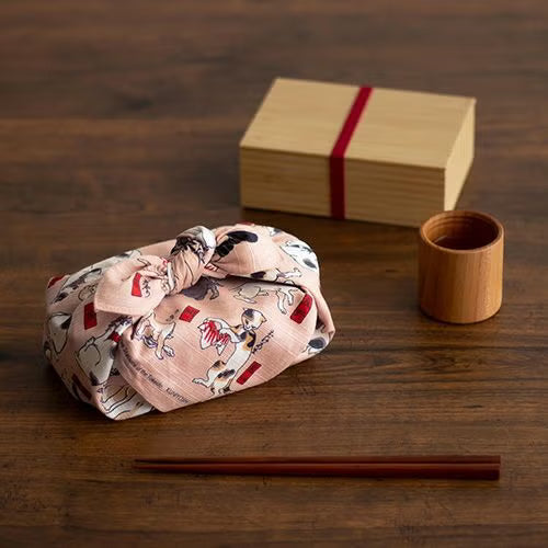 Sumidagawa Furoshiki 48cm Tokaido Cats – Japanese wrapping cloth featuring dozens of cats in various poses inspired by Ukiyo-e artist Kuniyoshi's "Cats suggested as the Fifty-three Stations of the Tokaido", pink background, made in Japan