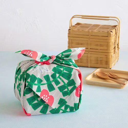 Aquadrop Furoshiki 70cm Kata Kata Hummingbird – Japanese wrapping cloth with red camellia flowers, green vines and hummingbirds pattern on light grey background, made in Japan