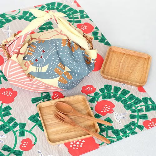 Aquadrop Furoshiki 70cm Kata Kata Hummingbird – Japanese wrapping cloth with red camellia flowers, green vines and hummingbirds pattern on light grey background, made in Japan