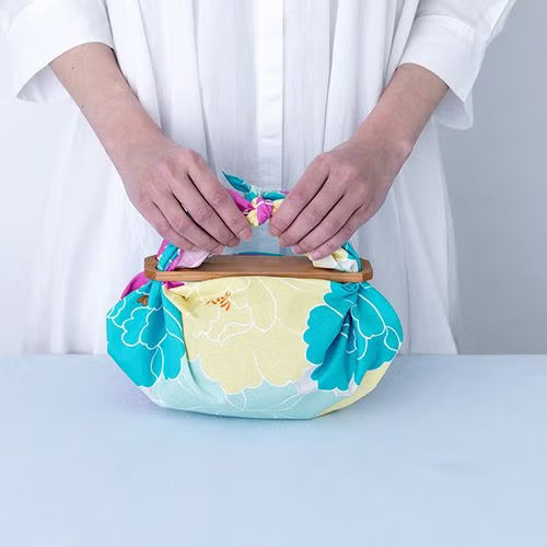 Hime Musubi Botan Furoshiki 50cm – pink peony floral pattern on organic cotton, designed by Adeline Klam, Made in Kyoto Japan