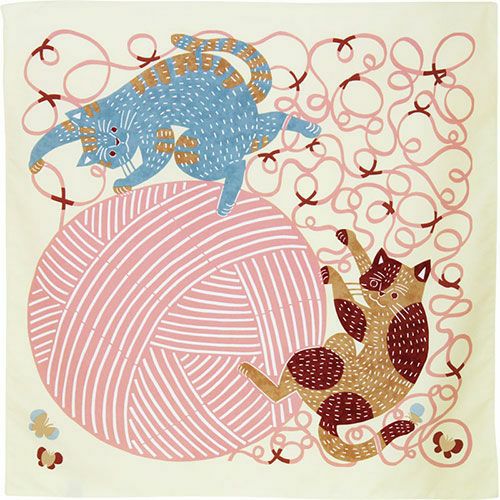 Aquadrop Furoshiki 70cm Kata Kata Cat Yarn – Japanese wrapping cloth featuring two playful cats with a large pink ball of yarn on cream background, made in Japan