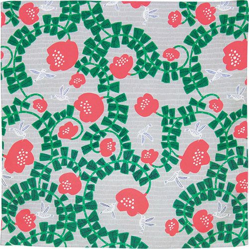 Aquadrop Furoshiki 70cm Kata Kata Hummingbird – Japanese wrapping cloth with red camellia flowers, green vines and hummingbirds pattern on light grey background, made in Japan