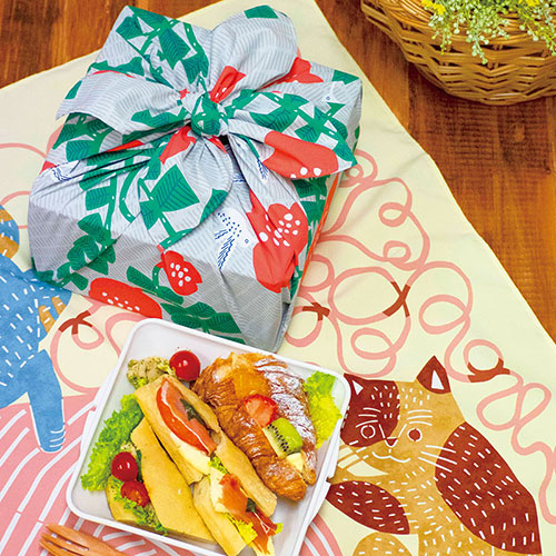 Aquadrop Furoshiki 70cm Kata Kata Hummingbird – Japanese wrapping cloth with red camellia flowers, green vines and hummingbirds pattern on light grey background, made in Japan