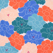 Aquadrop Furoshiki 70cm Tsubaki Green – Japanese wrapping cloth with bold pink and yellow camellia flowers and blue and green leaves on dark teal background, made in Japan
