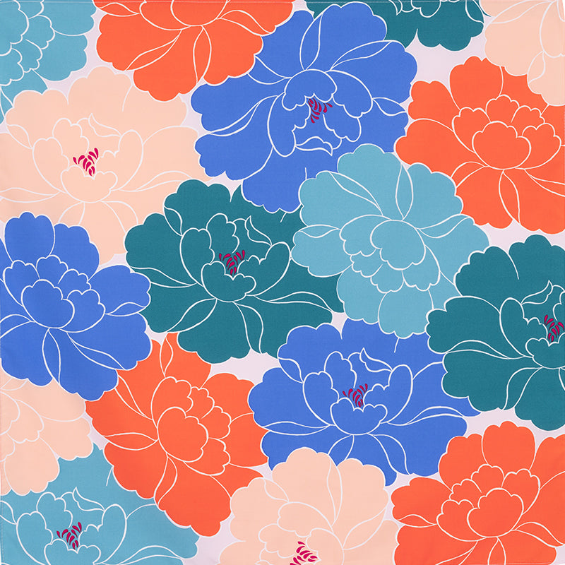 Aquadrop Furoshiki 70cm Tsubaki Green – Japanese wrapping cloth with bold pink and yellow camellia flowers and blue and green leaves on dark teal background, made in Japan