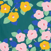 Aquadrop Furoshiki 70cm Tsubaki Green – Japanese wrapping cloth with bold pink and yellow camellia flowers and blue and green leaves on dark teal background, made in Japan