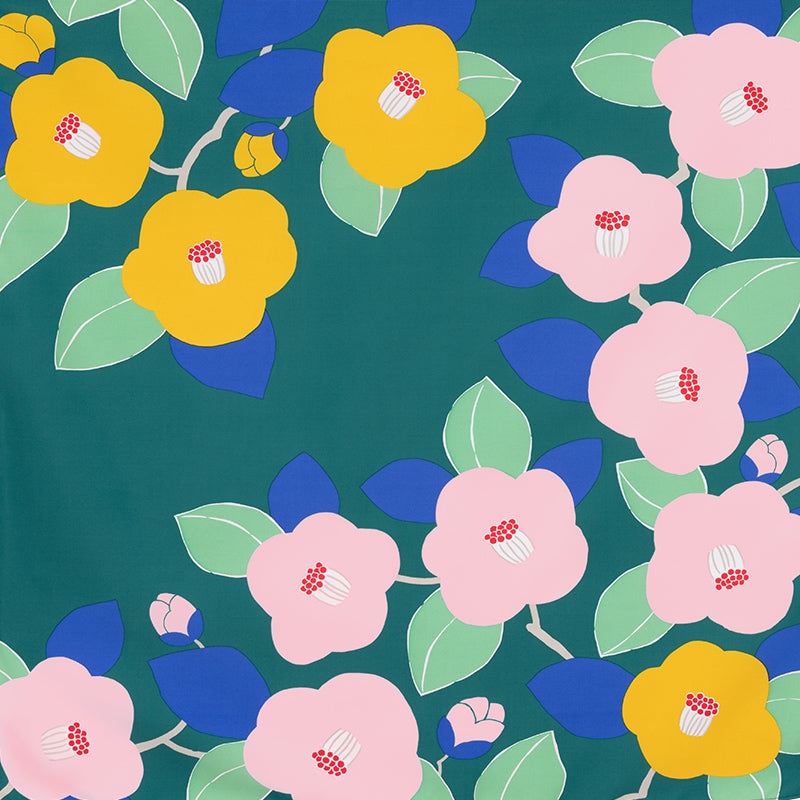 Aquadrop Furoshiki 70cm Tsubaki Green – Japanese wrapping cloth with bold pink and yellow camellia flowers and blue and green leaves on dark teal background, made in Japan