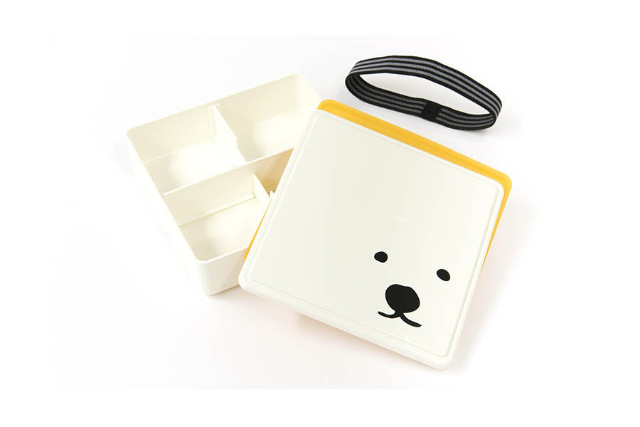 GEL-COOma Bento Box Family open showing divided interior compartments with yellow inner tray and striped band