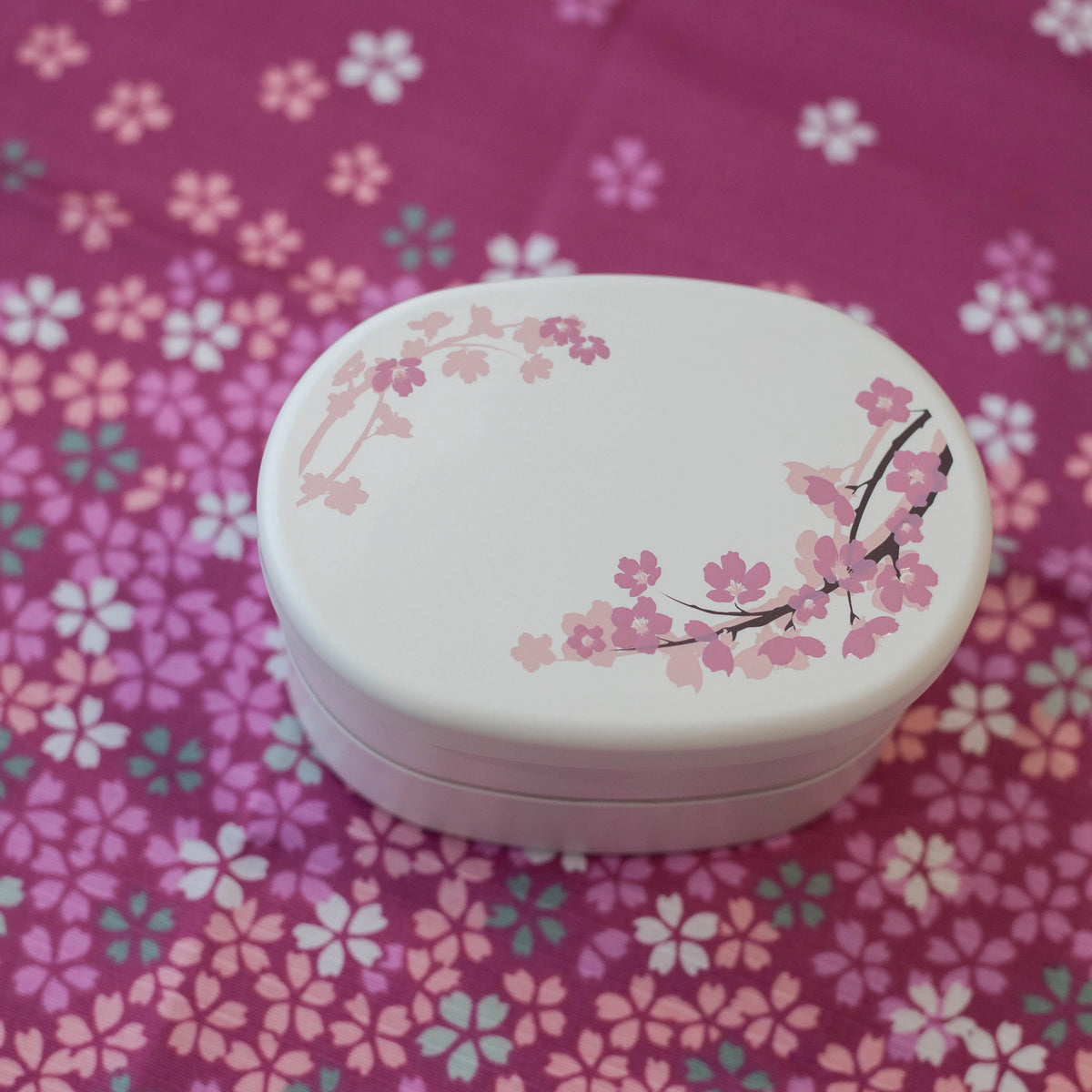 Sakura-patterned oval two-tier bento box, 560 mL