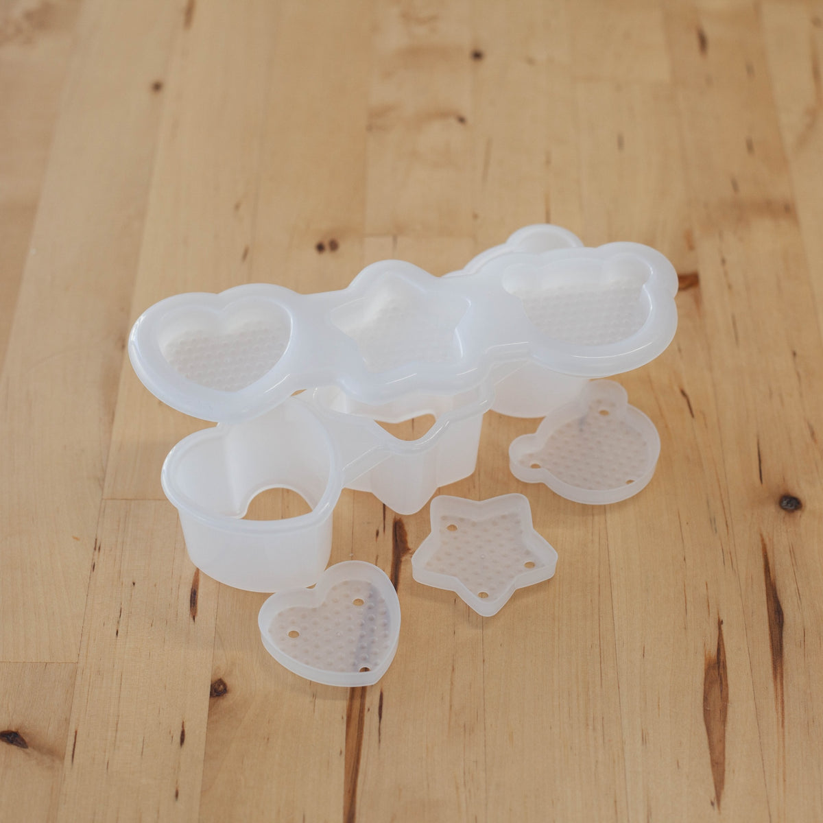 Onigiri Mold Push Kawaii, set of 3 mini rice ball molds in heart, star, and bear shapes, BPA-free plastic, made in Osaka Japan