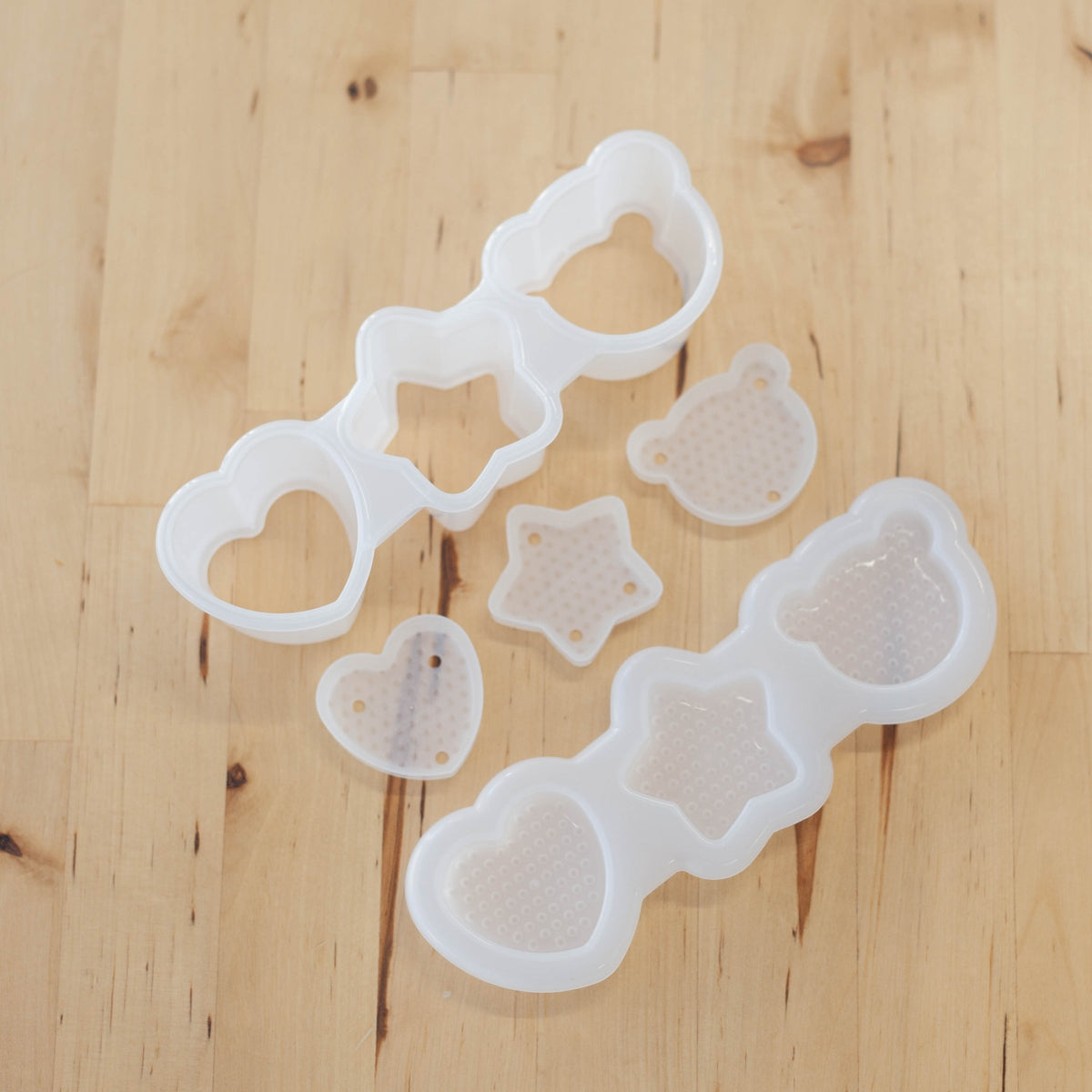 Onigiri Mold Push Kawaii, set of 3 mini rice ball molds in heart, star, and bear shapes, BPA-free plastic, made in Osaka Japan