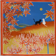 Shiki Neko Fall Furoshiki with black and white cats under a full moon, red maple leaves, and spider lilies