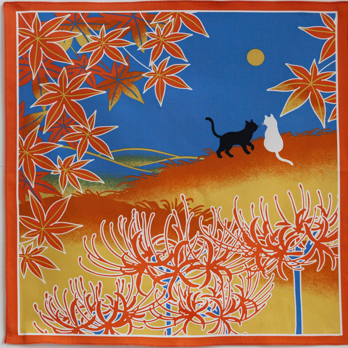 Shiki Neko Fall Furoshiki with black and white cats under a full moon, red maple leaves, and spider lilies