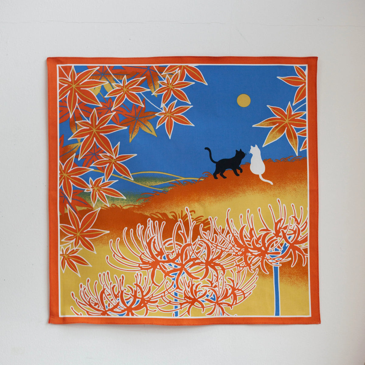 Shiki Neko Fall Furoshiki with black and white cats under a full moon, red maple leaves, and spider lilies