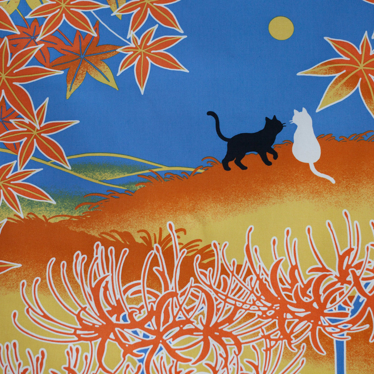 Shiki Neko Fall Furoshiki with black and white cats under a full moon, red maple leaves, and spider lilies