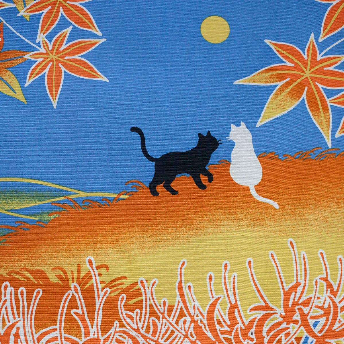 Shiki Neko Fall Furoshiki with black and white cats under a full moon, red maple leaves, and spider lilies