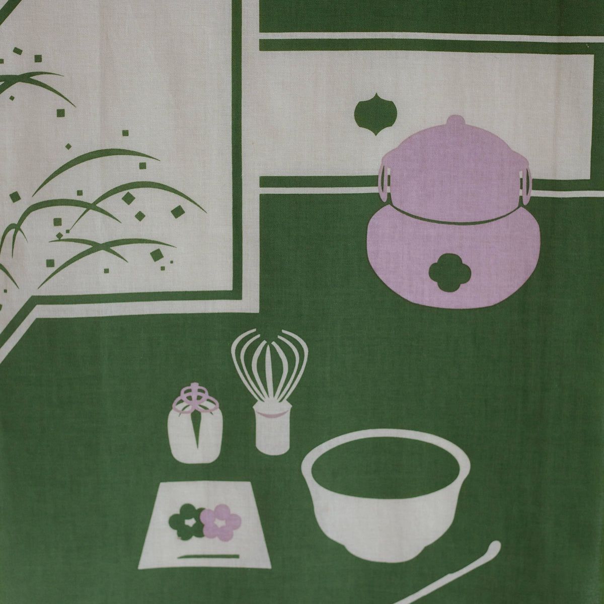 Chashitsu tenugui cloth featuring a cat silhouette behind a tea house window