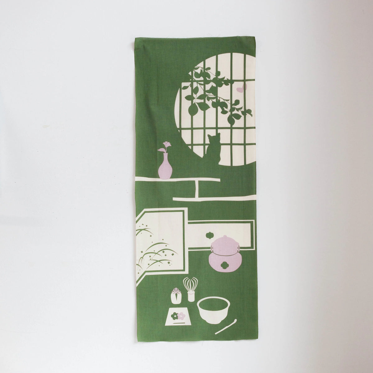 Chashitsu tenugui cloth featuring a cat silhouette behind a tea house window