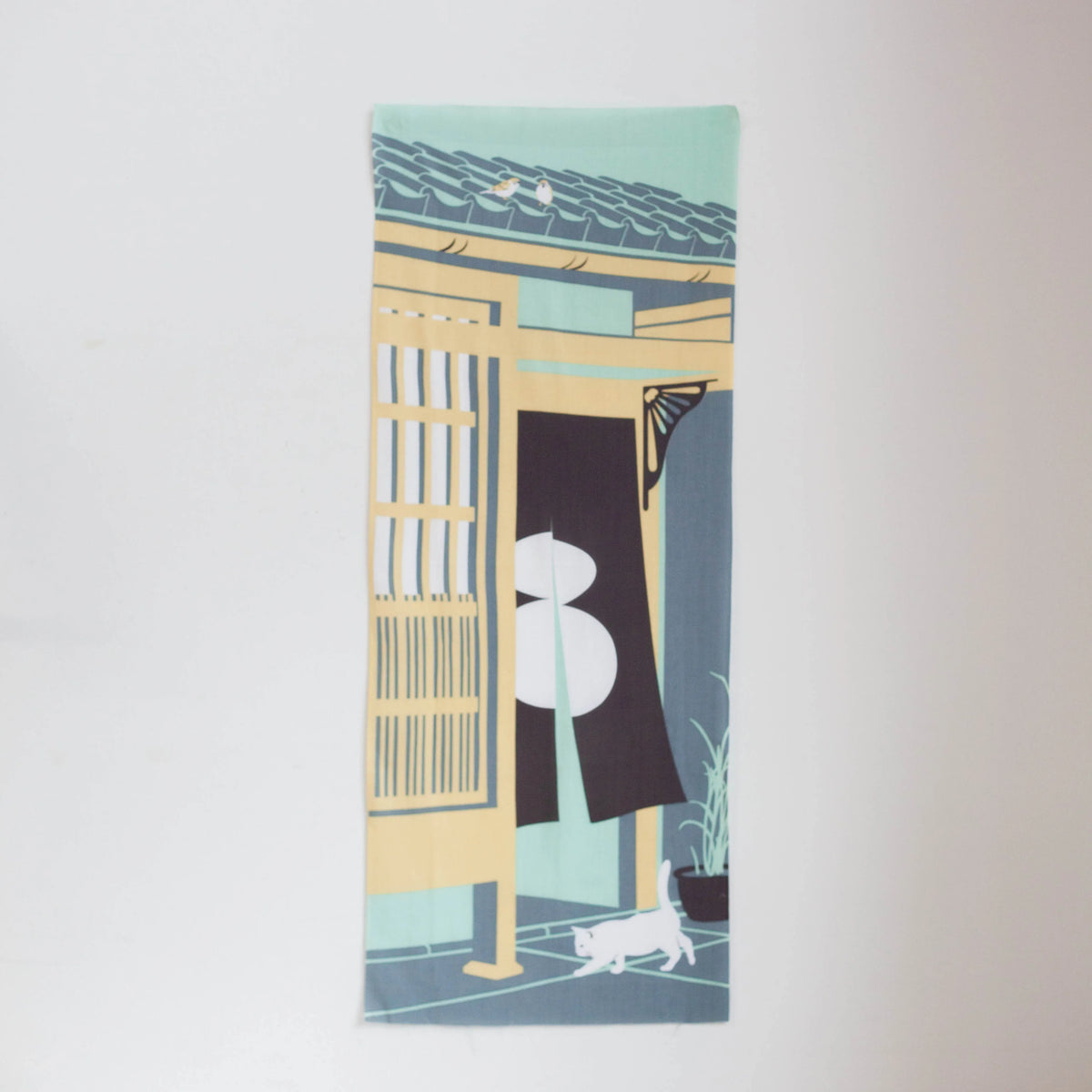 Machiya tenugui featuring a white cat entering a traditional Kyoto merchant house