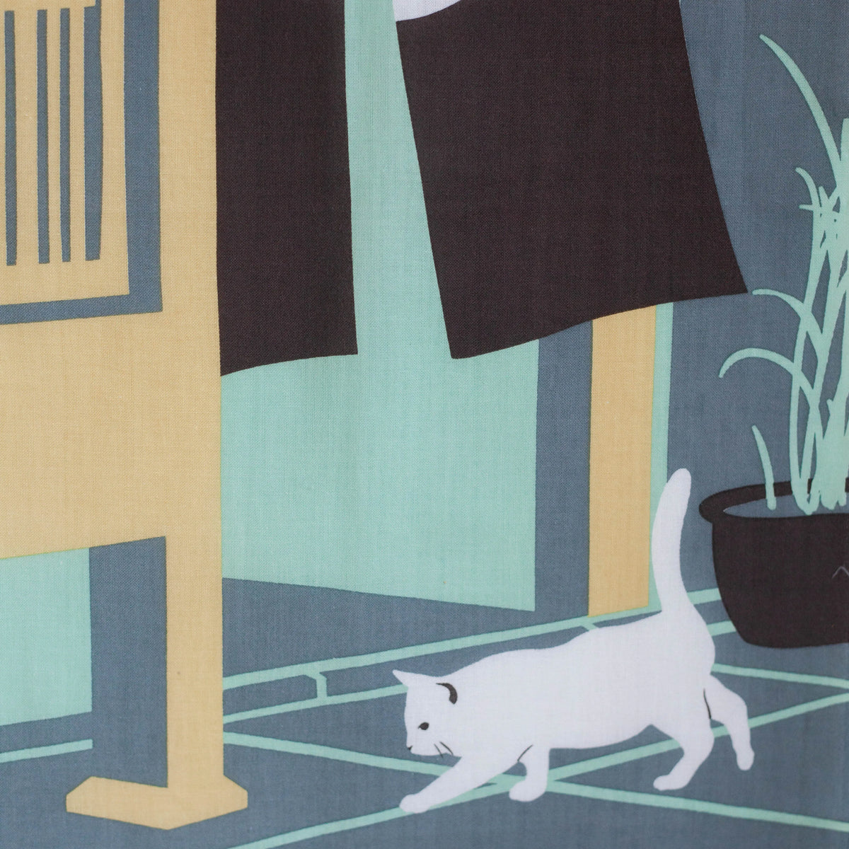 Machiya tenugui featuring a white cat entering a traditional Kyoto merchant house