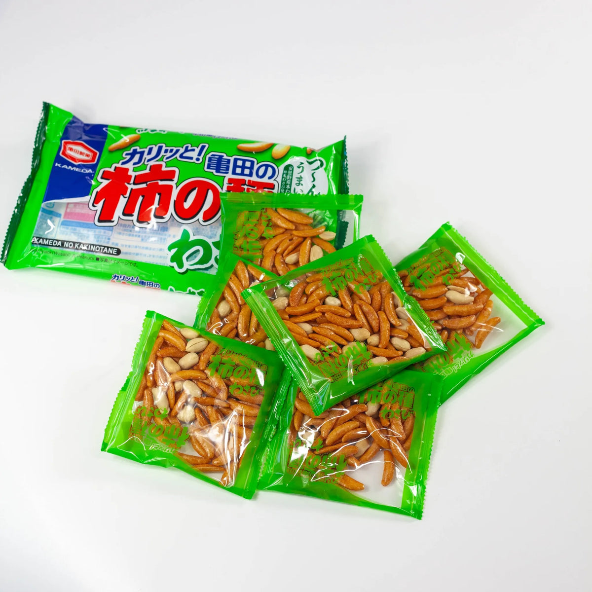 Kameda Kaki-pi wasabi flavor, soy sauce rice crackers and peanuts, 6 individual packets, made in Japan