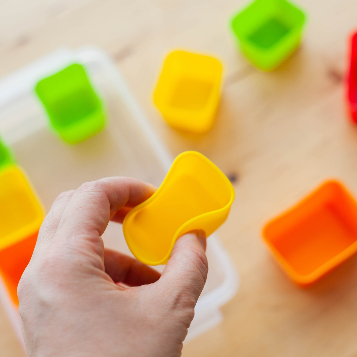 Silicone Divider Cup Set Rectangle - colorful food cups in a storage case, made in Japan