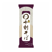 Miwabi Shinshu Juuwari 100% buckwheat soba noodles 200g package, purple and white Japanese packaging with calligraphy label, white background