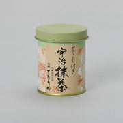 Chikiriya Uji Matcha Green Tea Powder – green tin can with Japanese calligraphy label reading "Uji Matcha" and built-in sifter lid, on grey background
