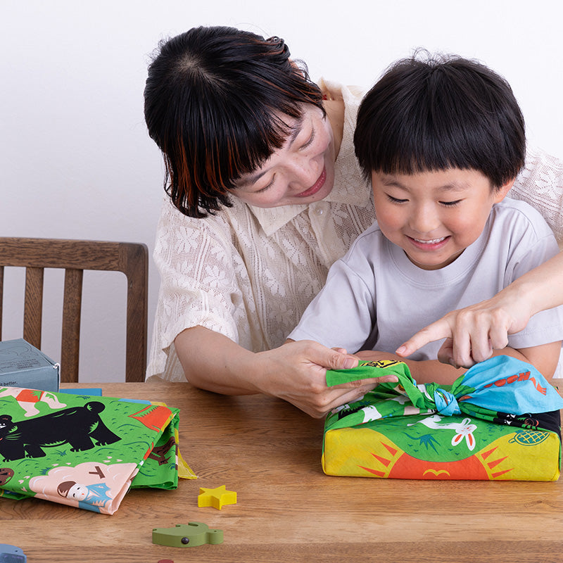 Cochae Musubi Folk Tales Mountain Edition Furoshiki 70cm – vibrant green Japanese folk tale and yōkai illustration on organic cotton, Made in Japan