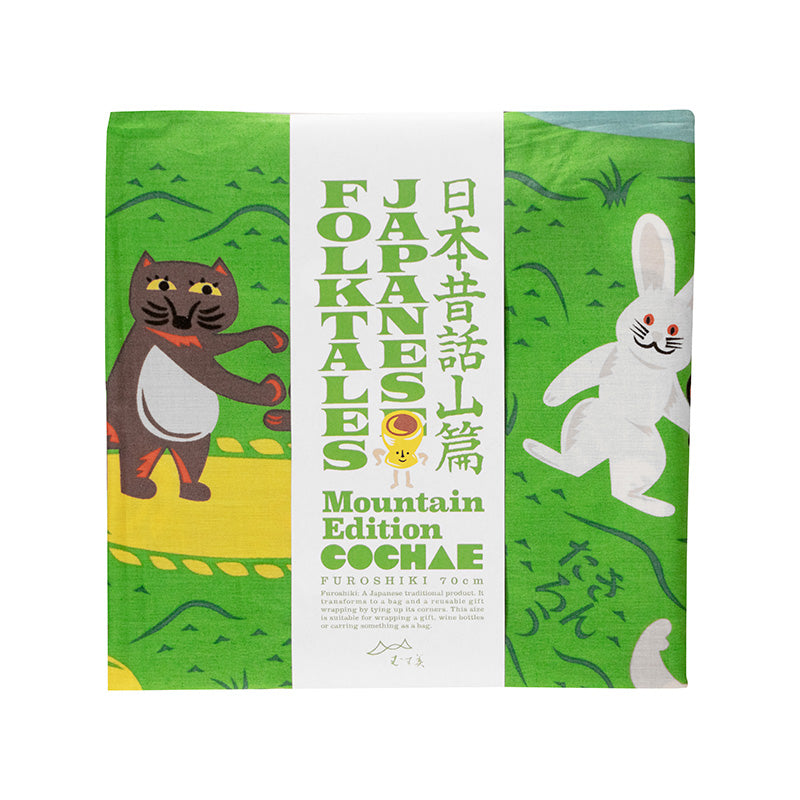 Cochae Musubi Furoshiki packaging with Japanese and English folk tale character descriptions, Mountain Edition green