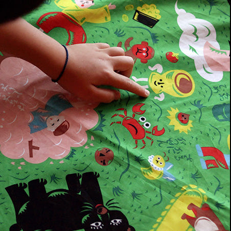 Cochae Musubi Folk Tales Mountain Edition Furoshiki 70cm – vibrant green Japanese folk tale and yōkai illustration on organic cotton, Made in Japan