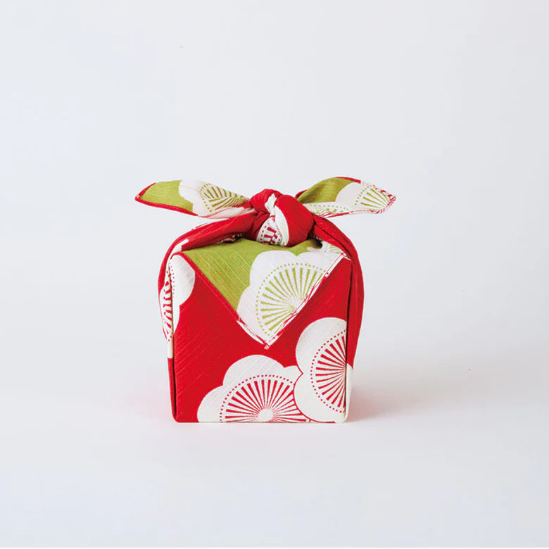 Isa Monyo Reversible Furoshiki 48cm Ume Red Green – double-sided Japanese wrapping cloth with large white plum blossom pattern, red on one side and green on the other, 100% cotton, made in Japan