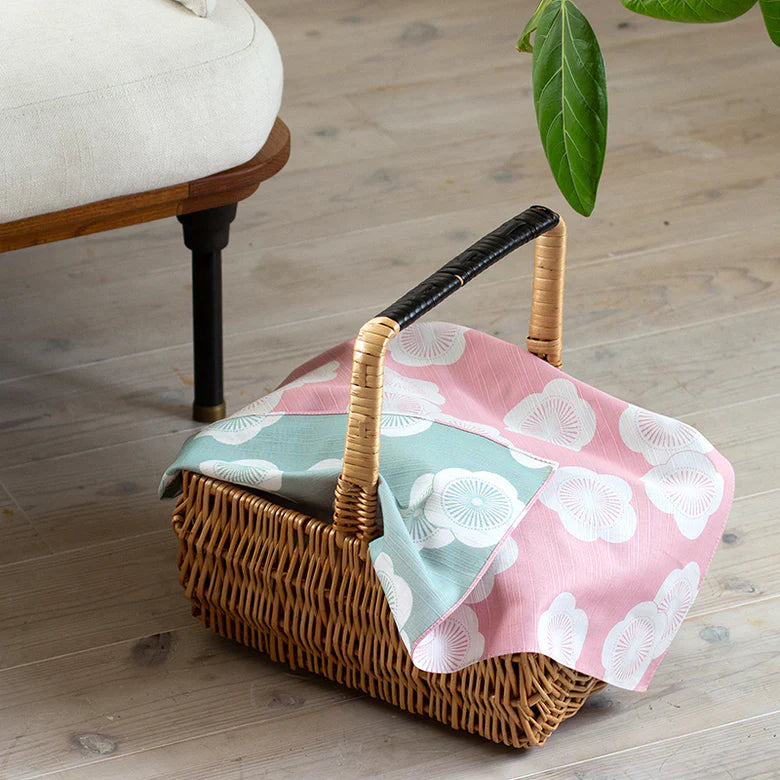 Isa Monyo Reversible Furoshiki 48cm Ume Pink Blue – double-sided Japanese wrapping cloth with large white plum blossom pattern, pink on one side and light blue on the other, 100% cotton, made in Japan