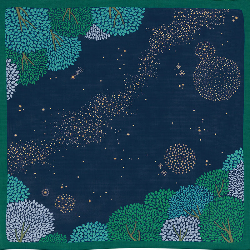Hime Musubi Star Forest Furoshiki 70cm – deep navy celestial galaxy and forest design on organic cotton, designed by Adeline Klam, Made in Kyoto Japan