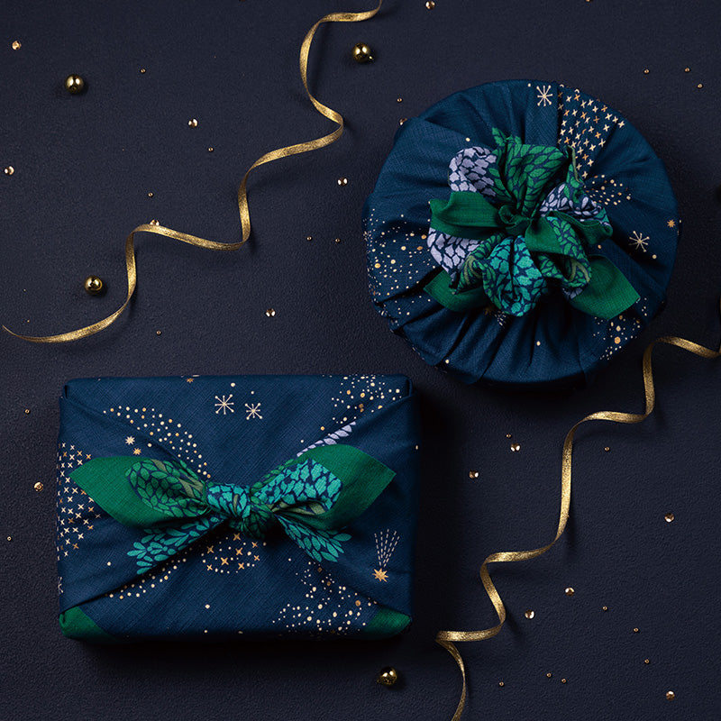 Hime Musubi Star Forest Furoshiki 70cm – deep navy celestial galaxy and forest design on organic cotton, designed by Adeline Klam, Made in Kyoto Japan
