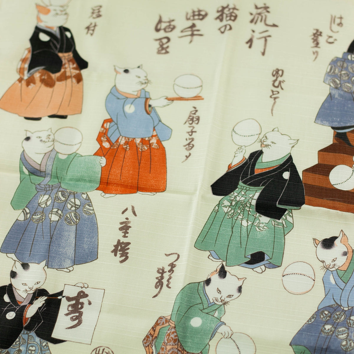 Sumidagawa Furoshiki 48cm Neko Temari – Japanese wrapping cloth featuring cats in kimono playing with temari balls, inspired by Ukiyo-e artist Kuniyoshi, made in Japan