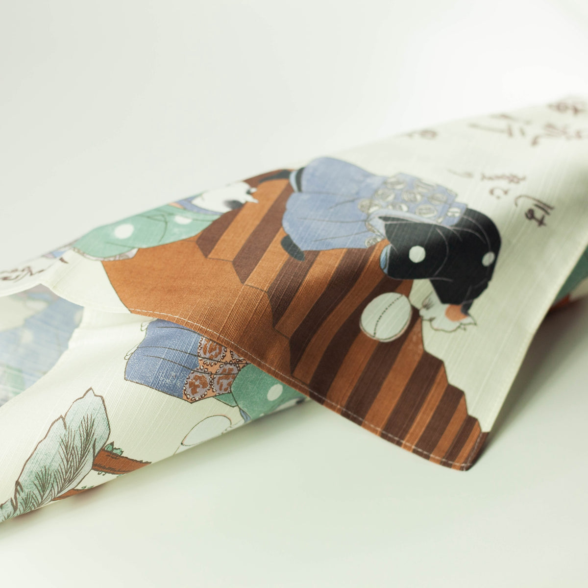Sumidagawa Furoshiki 48cm Neko Temari – Japanese wrapping cloth featuring cats in kimono playing with temari balls, inspired by Ukiyo-e artist Kuniyoshi, made in Japan