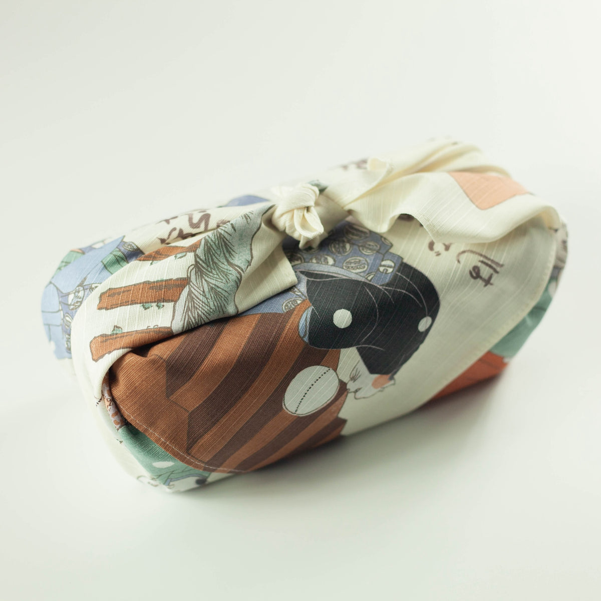 Sumidagawa Furoshiki 48cm Neko Temari – Japanese wrapping cloth featuring cats in kimono playing with temari balls, inspired by Ukiyo-e artist Kuniyoshi, made in Japan