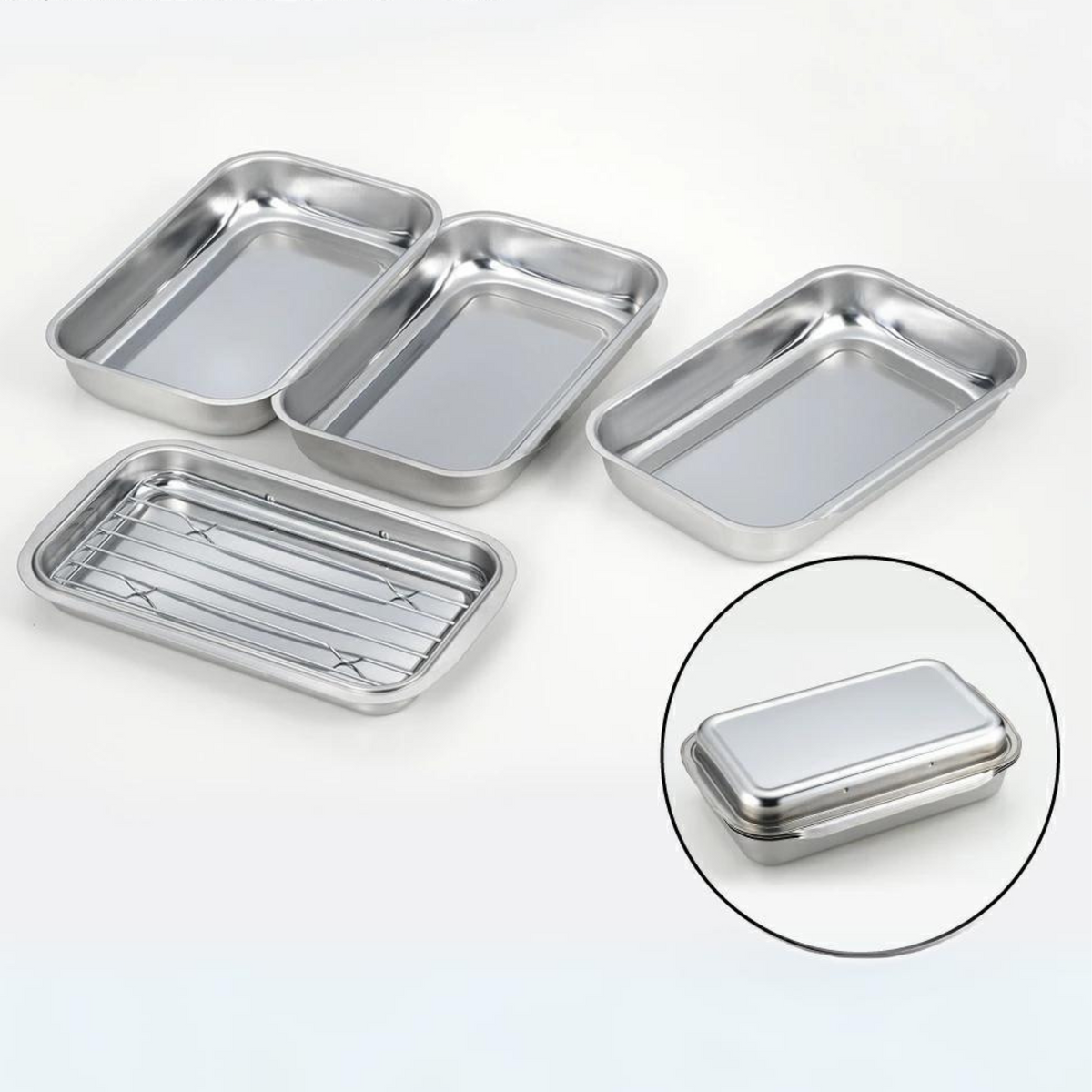 Compact Vat Set – top-down view of all four pieces: two trays, one wire rack, and one lid on white background