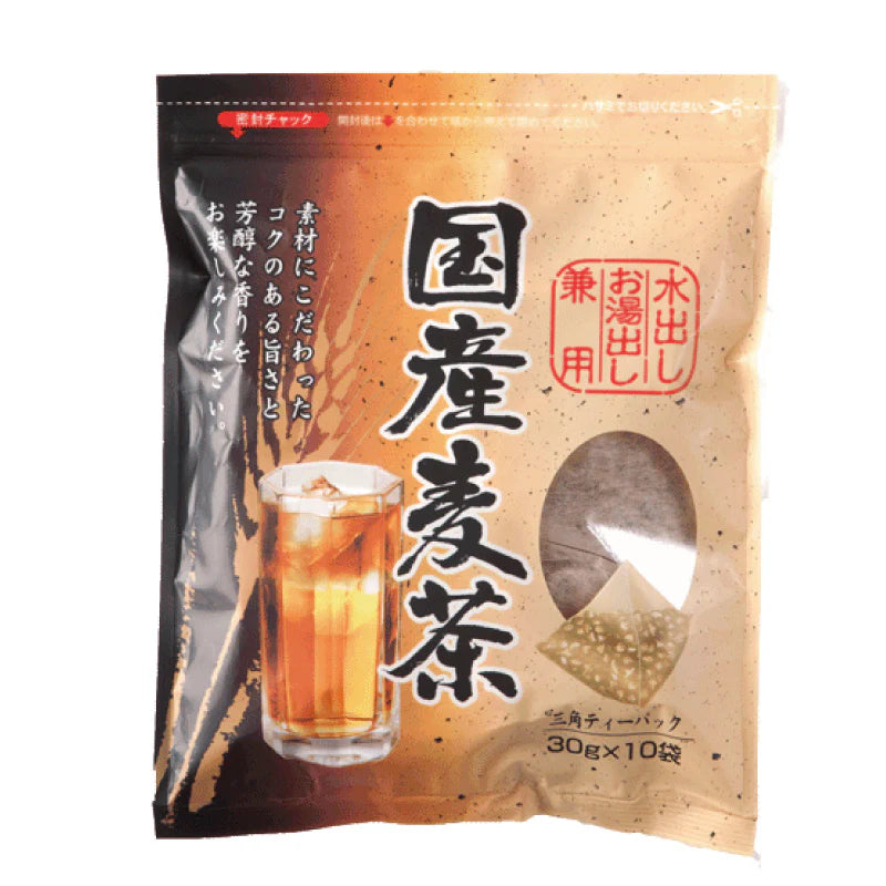 Cold Brew Mugicha Barley Tea 10-bag pouch – kraft paper resealable stand-up bag with Japanese kanji label and iced tea illustration, showing pyramid tea bag through window, on white background