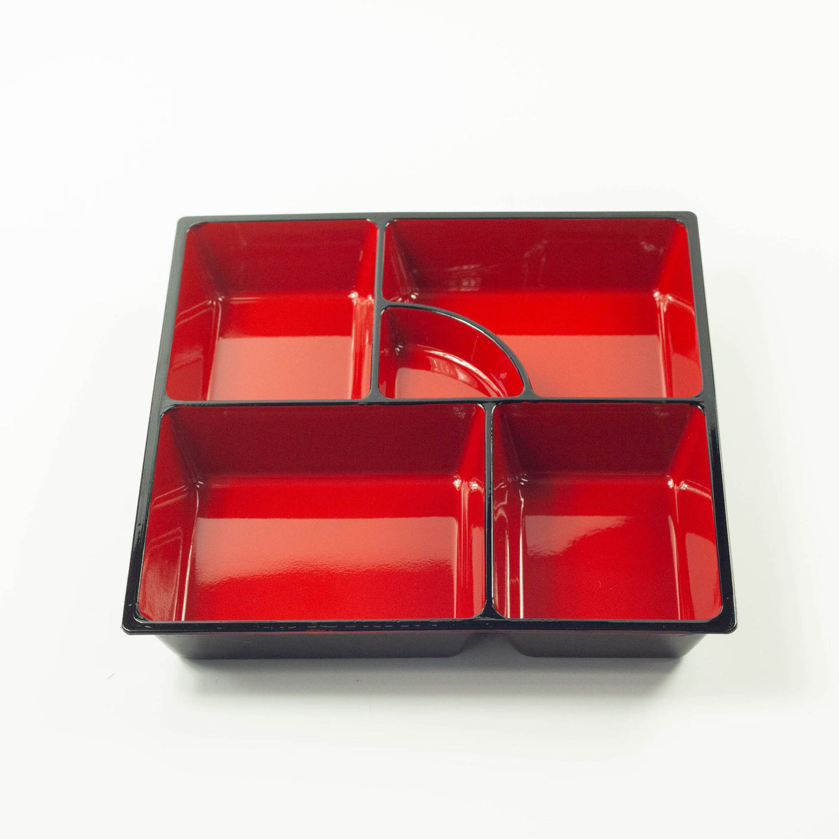 Japanese lacquerware-style bento box with black wood-grain textured lid and dark red base, elegant square lunch box, made in Japan