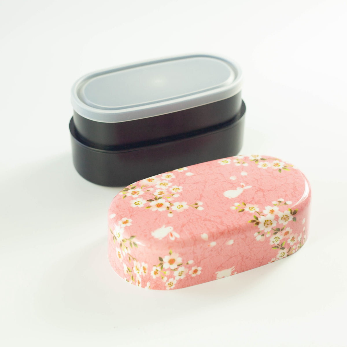 Sakura Usagi Bento Box 830mL in red and pink, featuring cherry blossom and rabbit pattern, top view