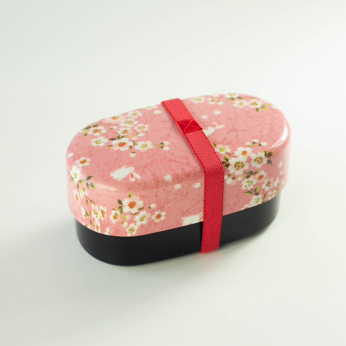 Sakura Usagi Bento Box 830mL in red and pink, featuring cherry blossom and rabbit pattern, lunch band