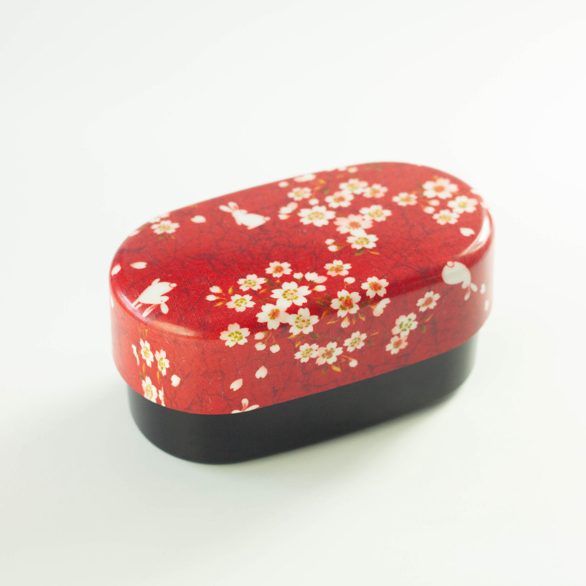 Sakura Usagi Bento Box 830mL in red and pink, featuring cherry blossom and rabbit pattern, top view