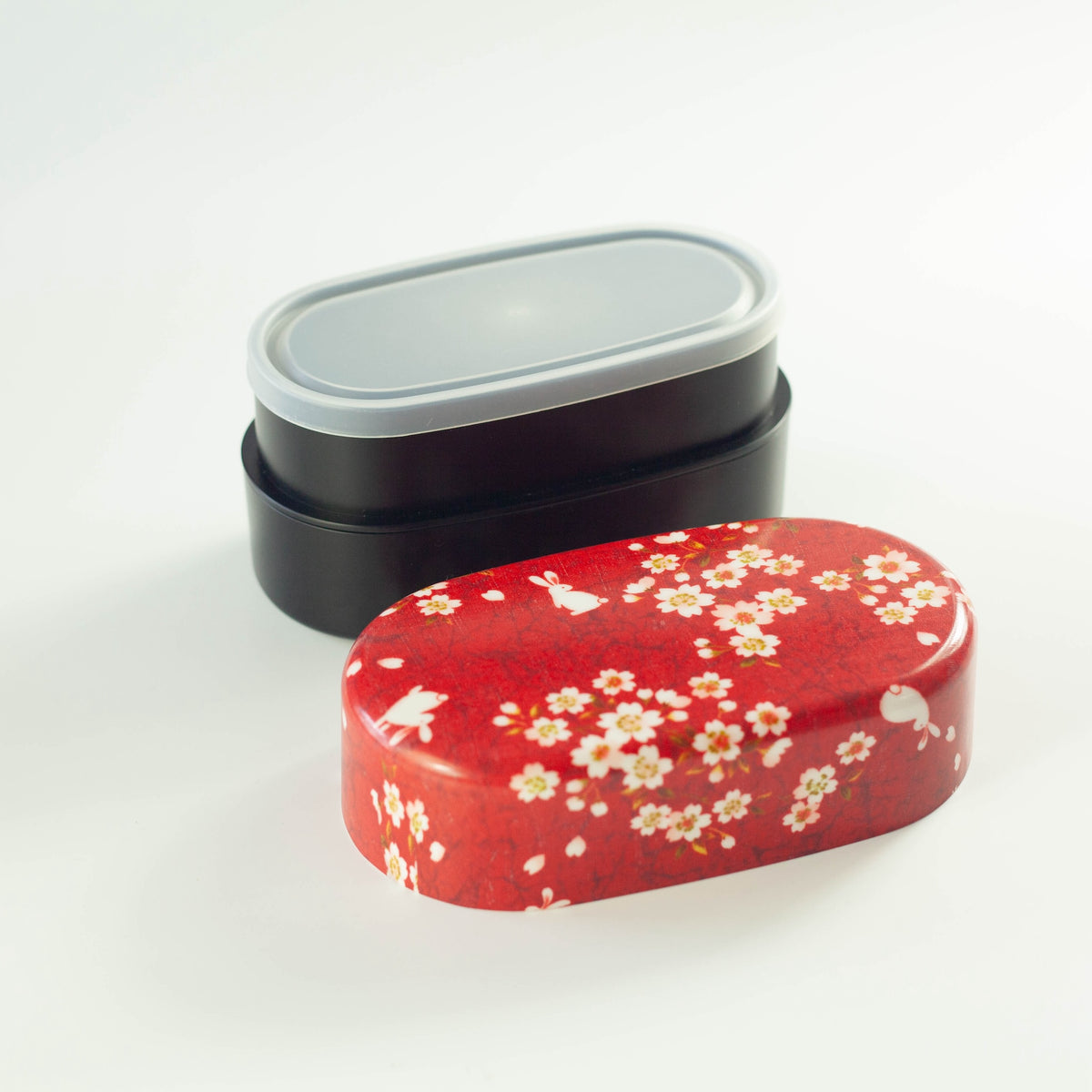 Sakura Usagi Bento Box 830mL in red and pink, featuring cherry blossom and rabbit pattern, top view