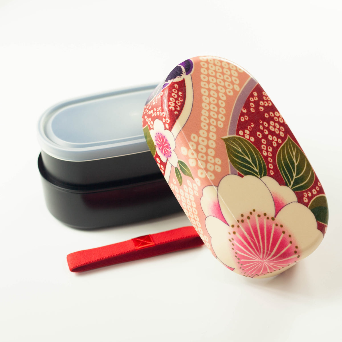 Kimono Sakura Pink Bento Box open showing inner container and red elastic band – Bento&co