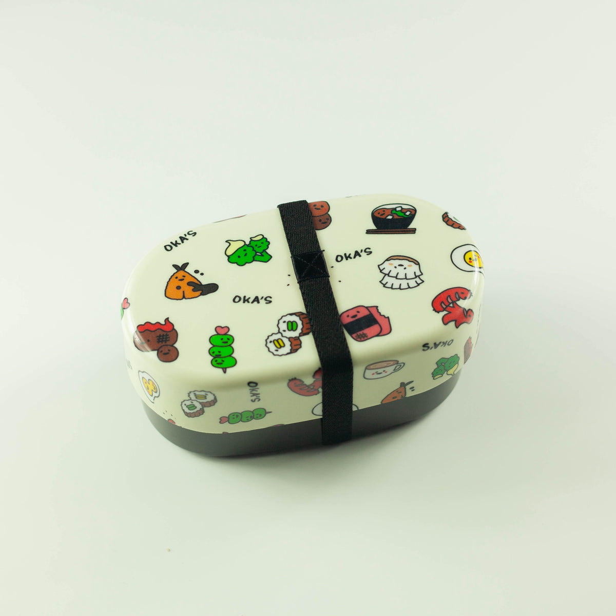 Oka's Oval Bento Box, 830ml, two-tier oval Japanese lunch box with a whimsical side-dish print