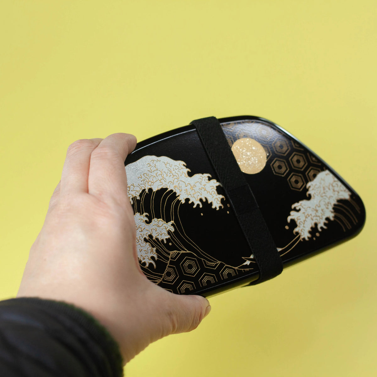 Fuji Onigiri Bento Box with golden wave and full moon design, size